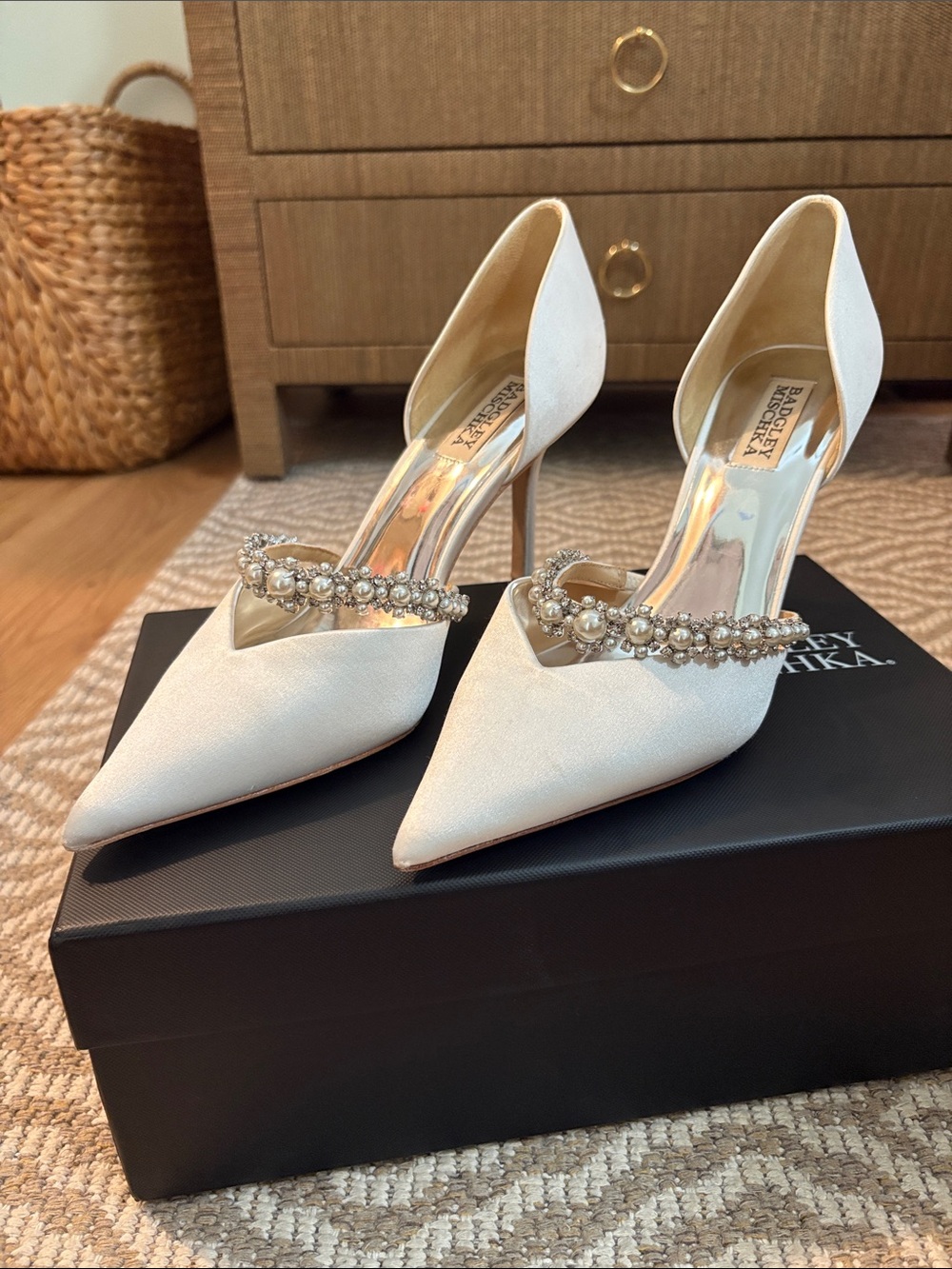 Badgley Mischka Cream Pearl & Crystal D'Orsay Pointed Toe Heels